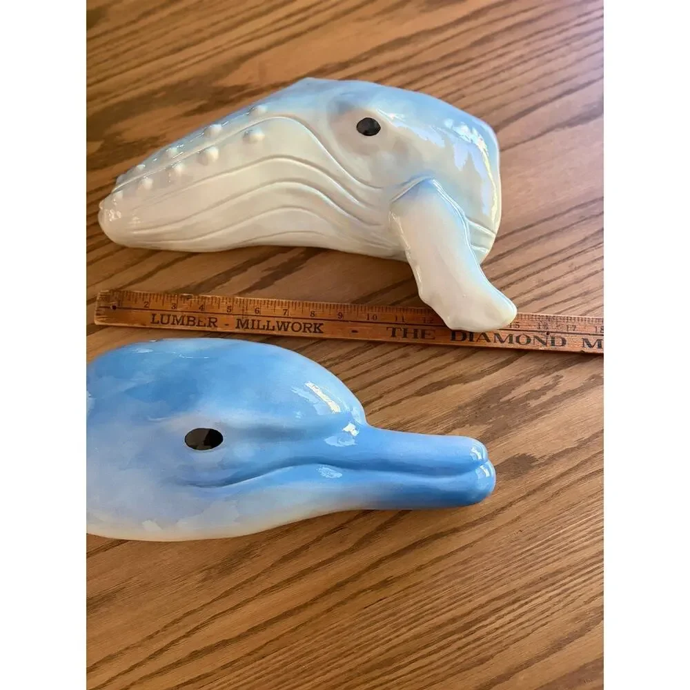 Vintage 1980s Hand Painted Ceramic Humpback Whale Dolphin Wall Hanging Heads